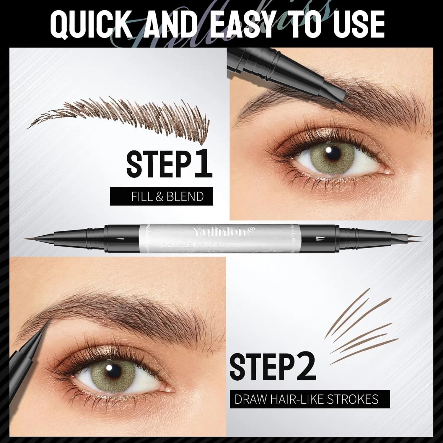Double-Ended Eyebrow Pen, 0.01mm Micro-fork Tip,Waterproof Liquid Brow Ink, Micro-Fork and Fine Tips, 5 Shades (1#Light Brown)