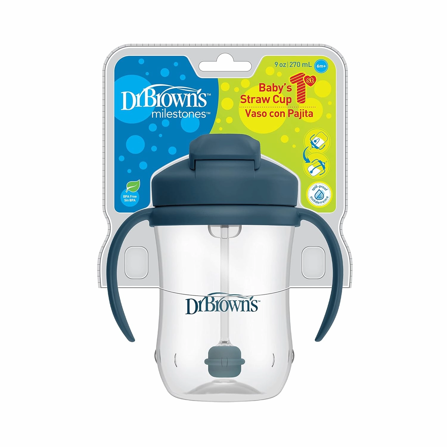 Dr. Brown's Milestones Baby’s First Straw Cup, Training Cup with Weighted Straw, Dark Blue, 6m  (Pack of 2)