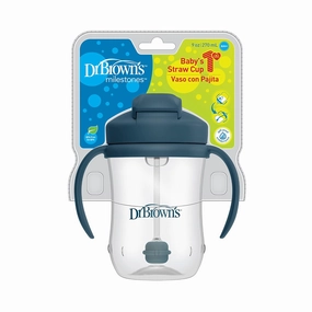 Dr. Brown's Milestones Baby’s First Straw Cup, Training Cup with Weighted Straw, Dark Blue, 6m  (Pack of 2)