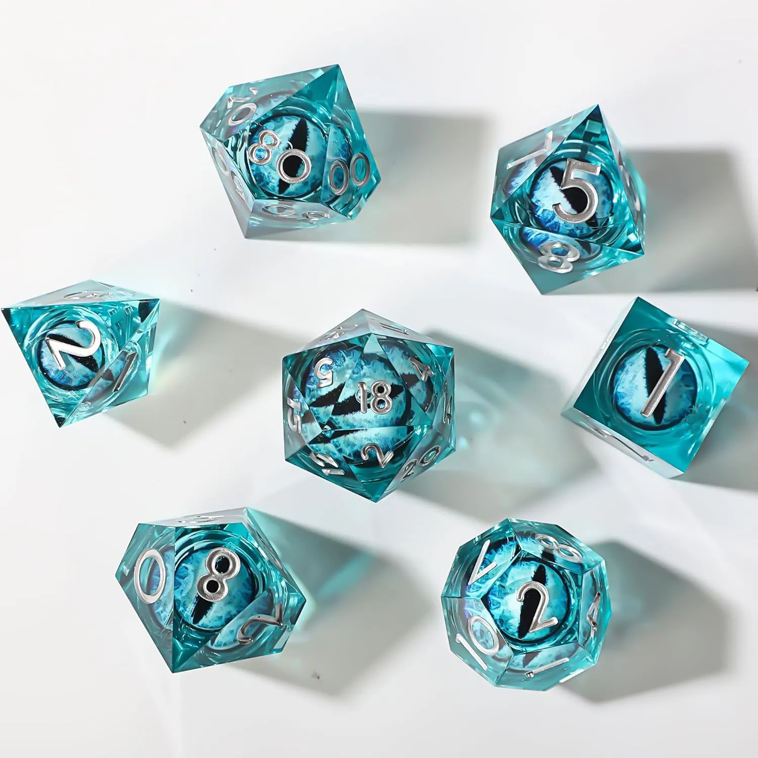 Dragon Eye Liquid Core DND Dice Set 7 Pieces Resin Sharp Edged Polyhedral Dice for Dungeons and Dragons RPG with Gift Box d&d dice and Premium Packaging (Blue White)