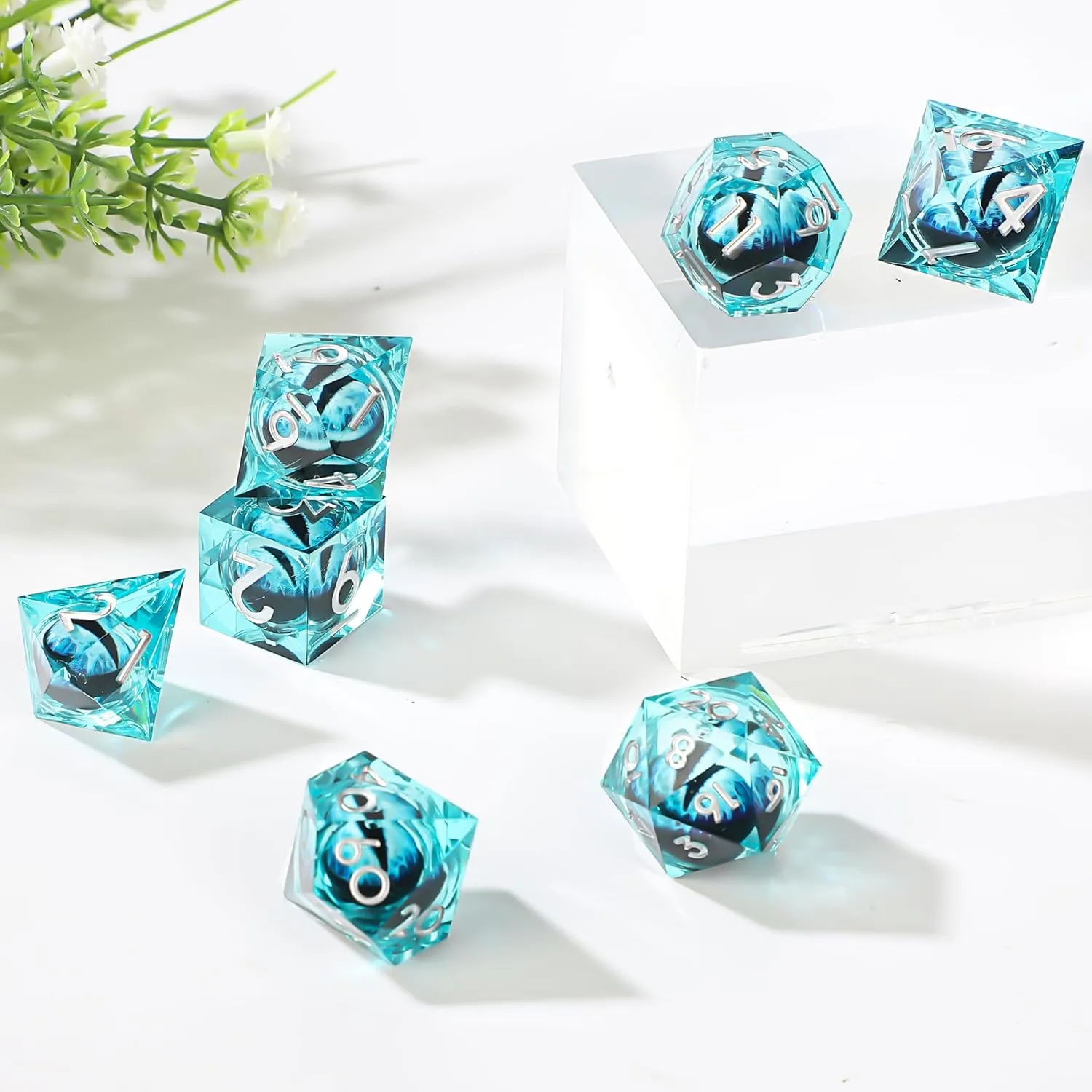 Dragon Eye Liquid Core DND Dice Set 7 Pieces Resin Sharp Edged Polyhedral Dice for Dungeons and Dragons RPG with Gift Box d&d dice and Premium Packaging (Blue White)