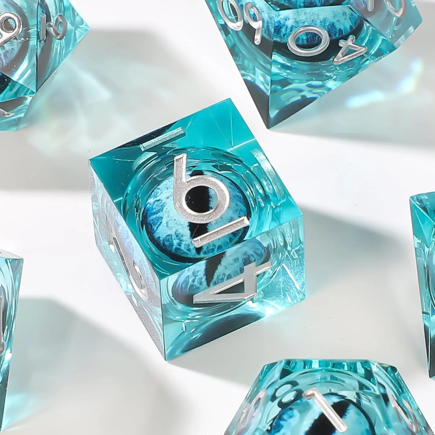 Dragon Eye Liquid Core DND Dice Set 7 Pieces Resin Sharp Edged Polyhedral Dice for Dungeons and Dragons RPG with Gift Box d&d dice and Premium Packaging (Blue White)