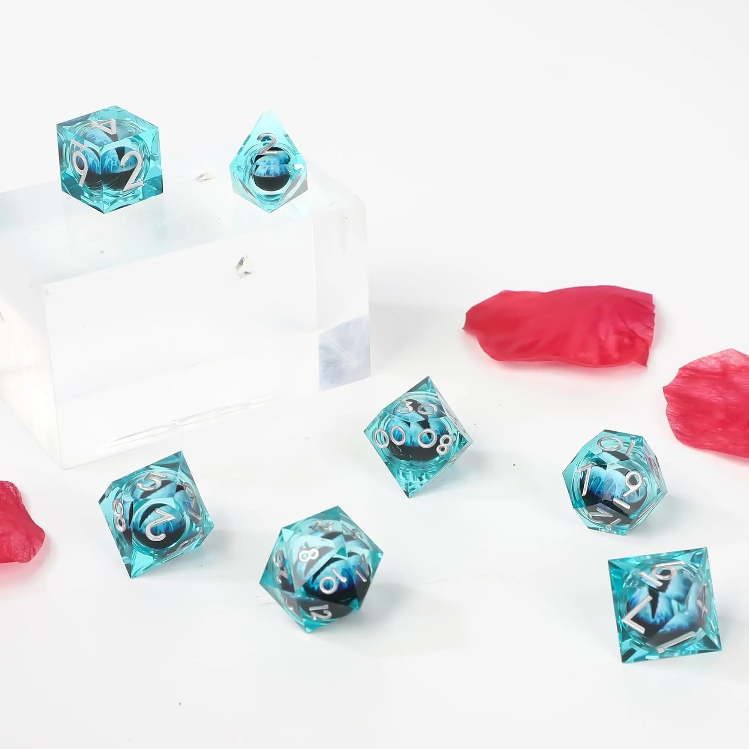 Dragon Eye Liquid Core DND Dice Set 7 Pieces Resin Sharp Edged Polyhedral Dice for Dungeons and Dragons RPG with Gift Box d&d dice and Premium Packaging (Blue White)