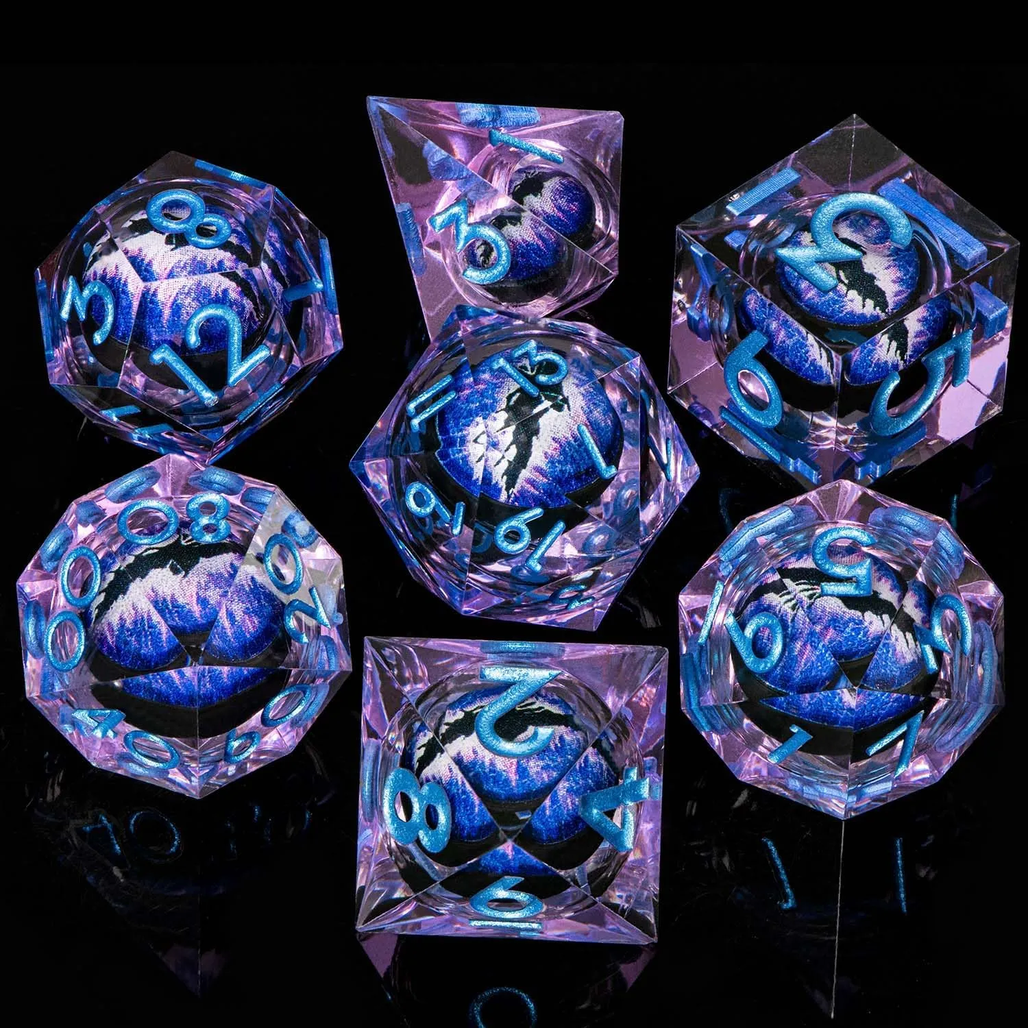 Dragon Eye Liquid Core DND Dice with Box, Purple Blue Sharp Edge Polyhedral Dice Set Resin Handmade Transparent D and D Dice for use with D&D RPG Tabletop Games