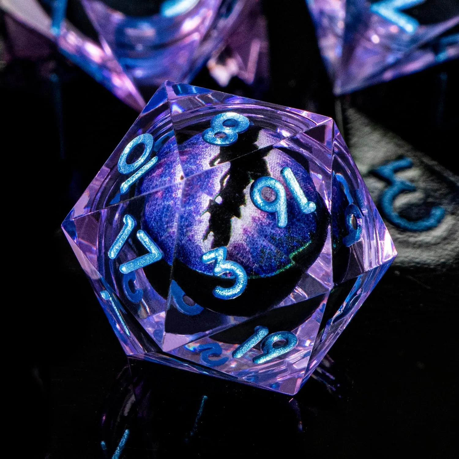 Dragon Eye Liquid Core DND Dice with Box, Purple Blue Sharp Edge Polyhedral Dice Set Resin Handmade Transparent D and D Dice for use with D&D RPG Tabletop Games
