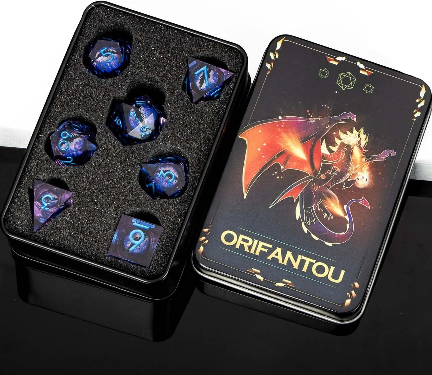 Dragon Eye Liquid Core DND Dice with Box, Purple Blue Sharp Edge Polyhedral Dice Set Resin Handmade Transparent D and D Dice for use with D&D RPG Tabletop Games