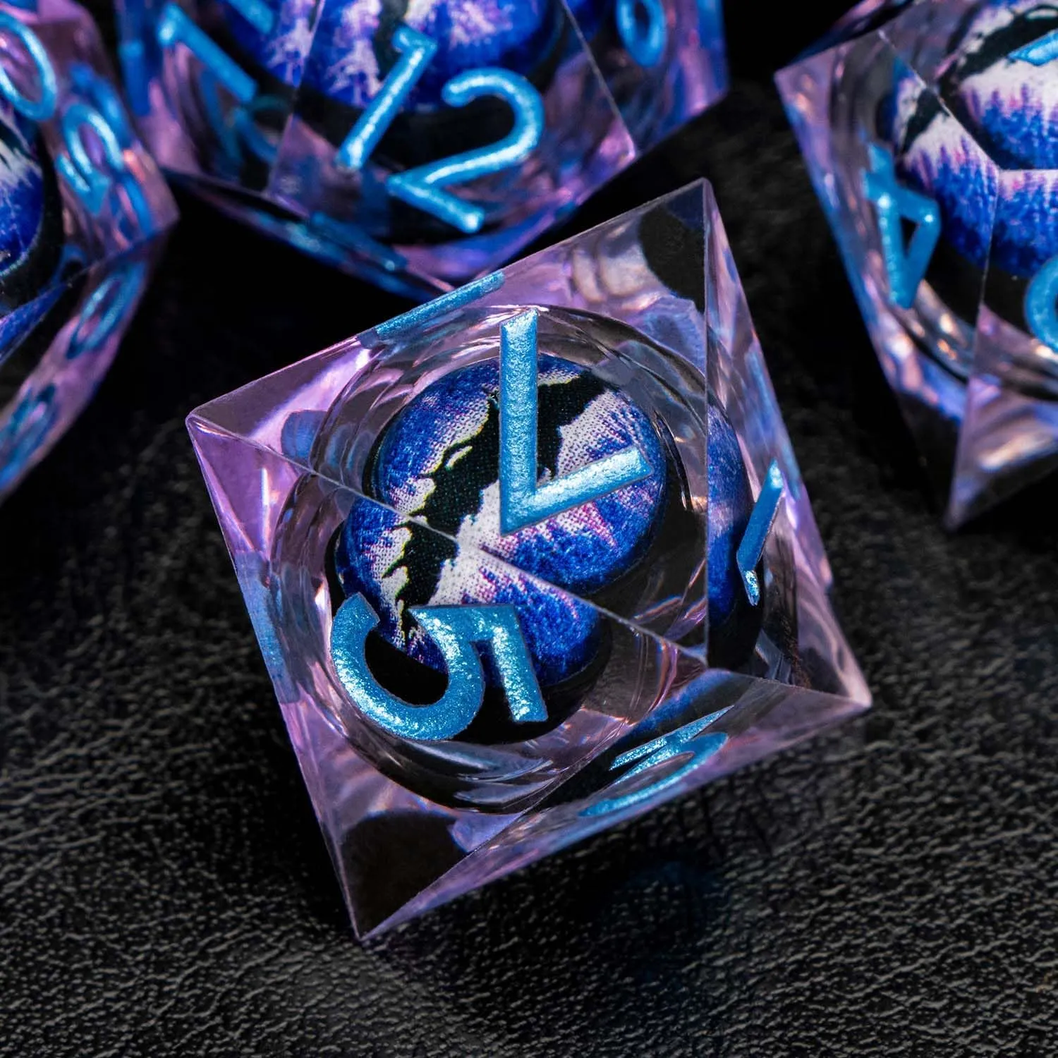 Dragon Eye Liquid Core DND Dice with Box, Purple Blue Sharp Edge Polyhedral Dice Set Resin Handmade Transparent D and D Dice for use with D&D RPG Tabletop Games
