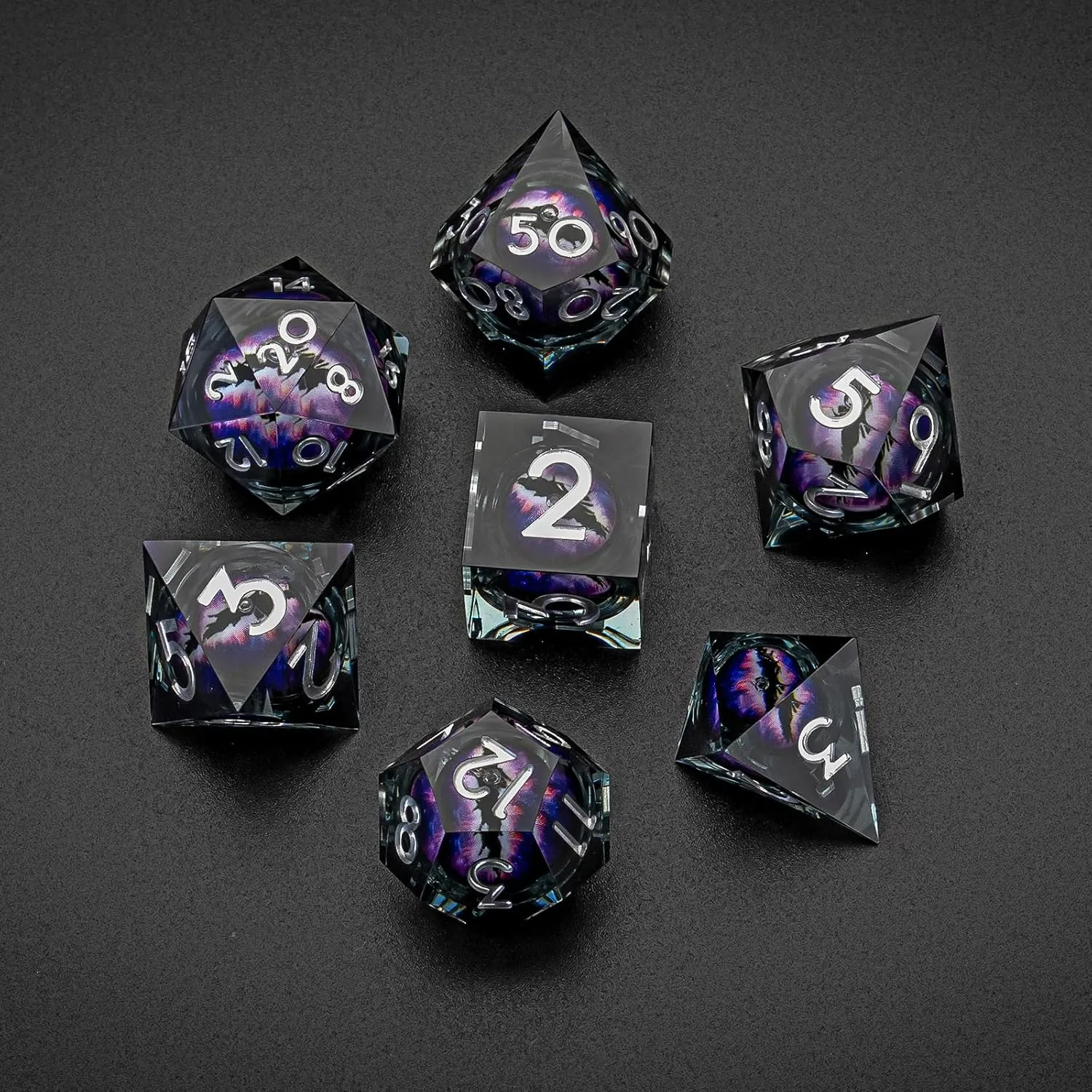 Dragon Eye Liquid Sharp Edge 7pcs DND dice Set with Gift Box d&d dice for Dungeons and Dragons MTG PRG Games (Black Purple)