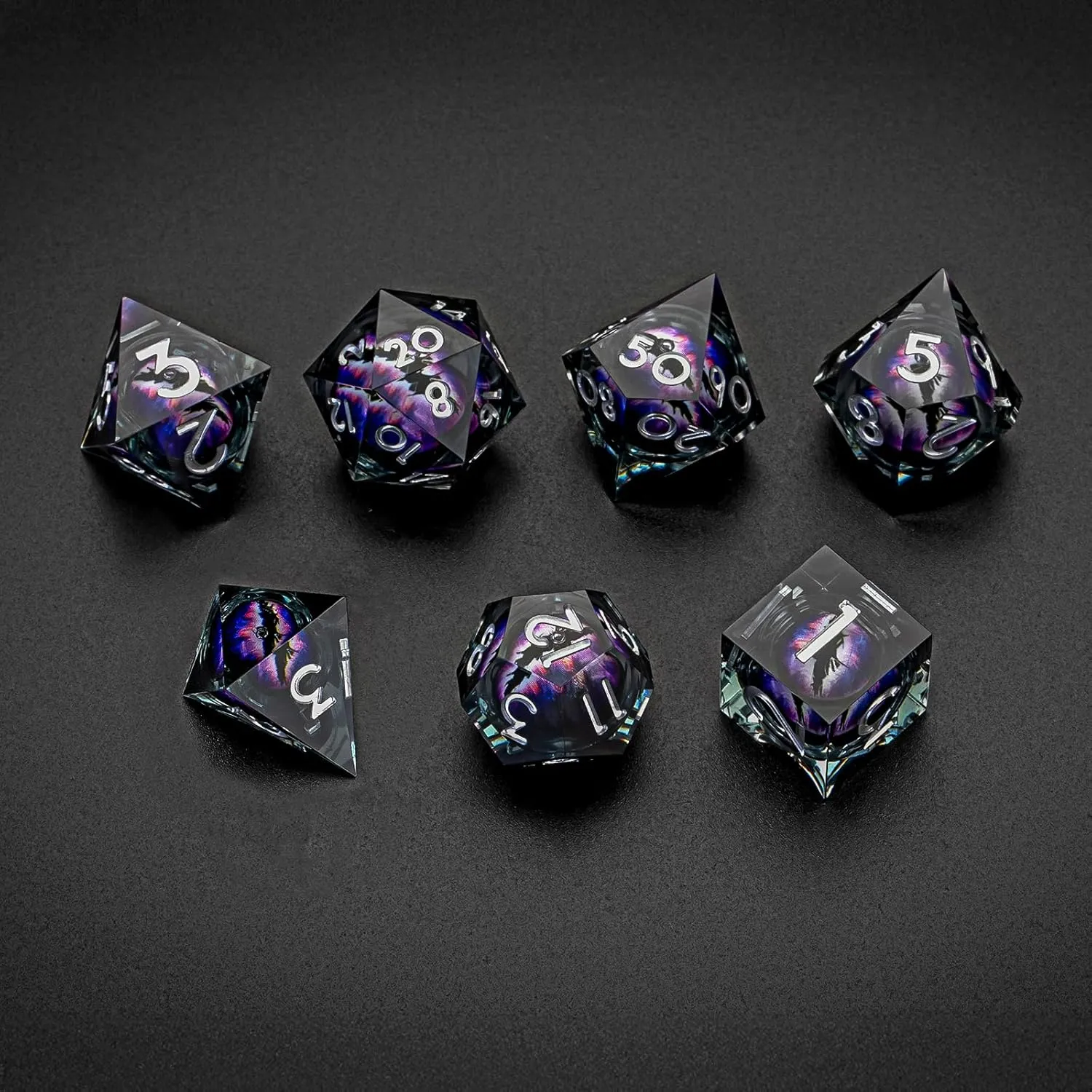 Dragon Eye Liquid Sharp Edge 7pcs DND dice Set with Gift Box d&d dice for Dungeons and Dragons MTG PRG Games (Black Purple)