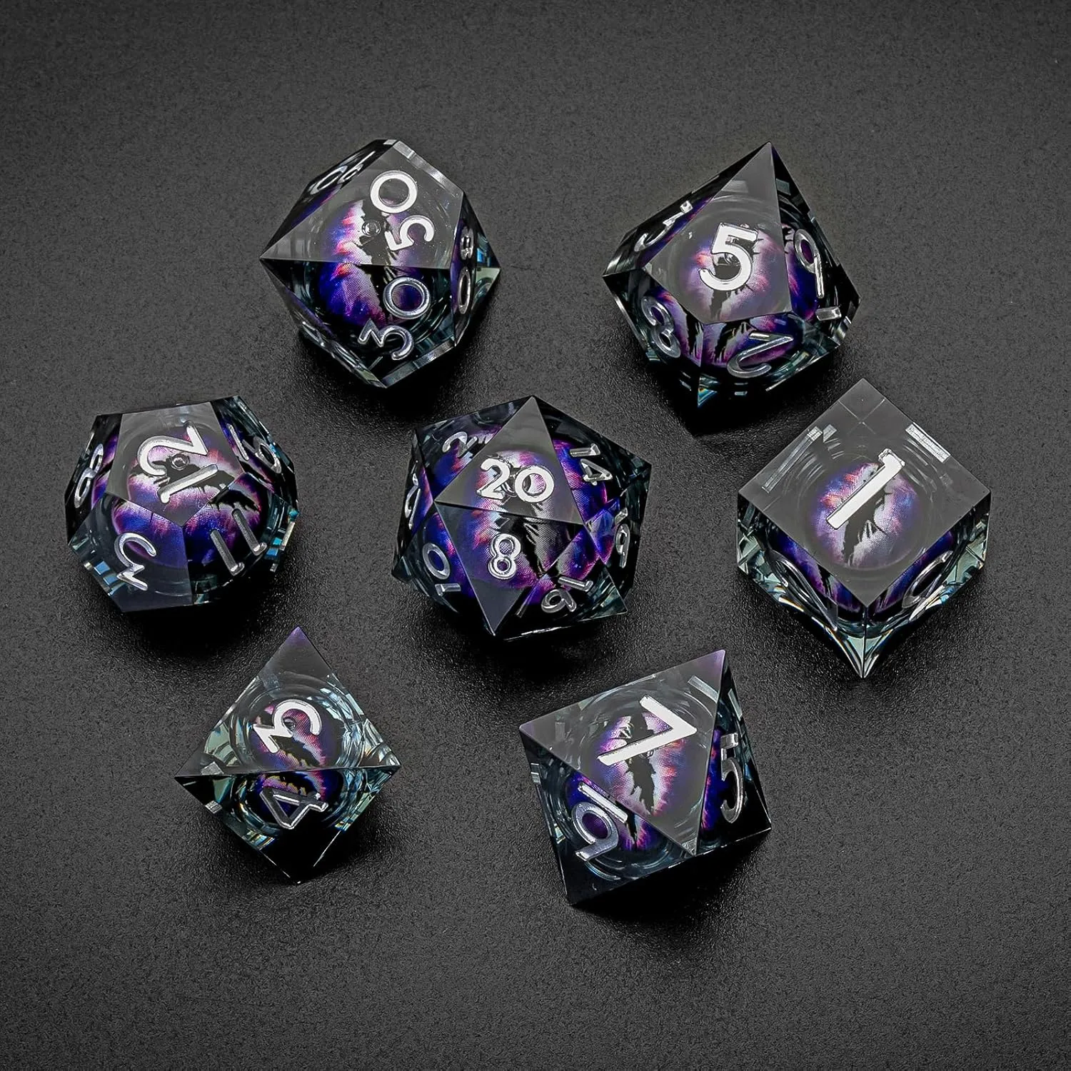 Dragon Eye Liquid Sharp Edge 7pcs DND dice Set with Gift Box d&d dice for Dungeons and Dragons MTG PRG Games (Black Purple)