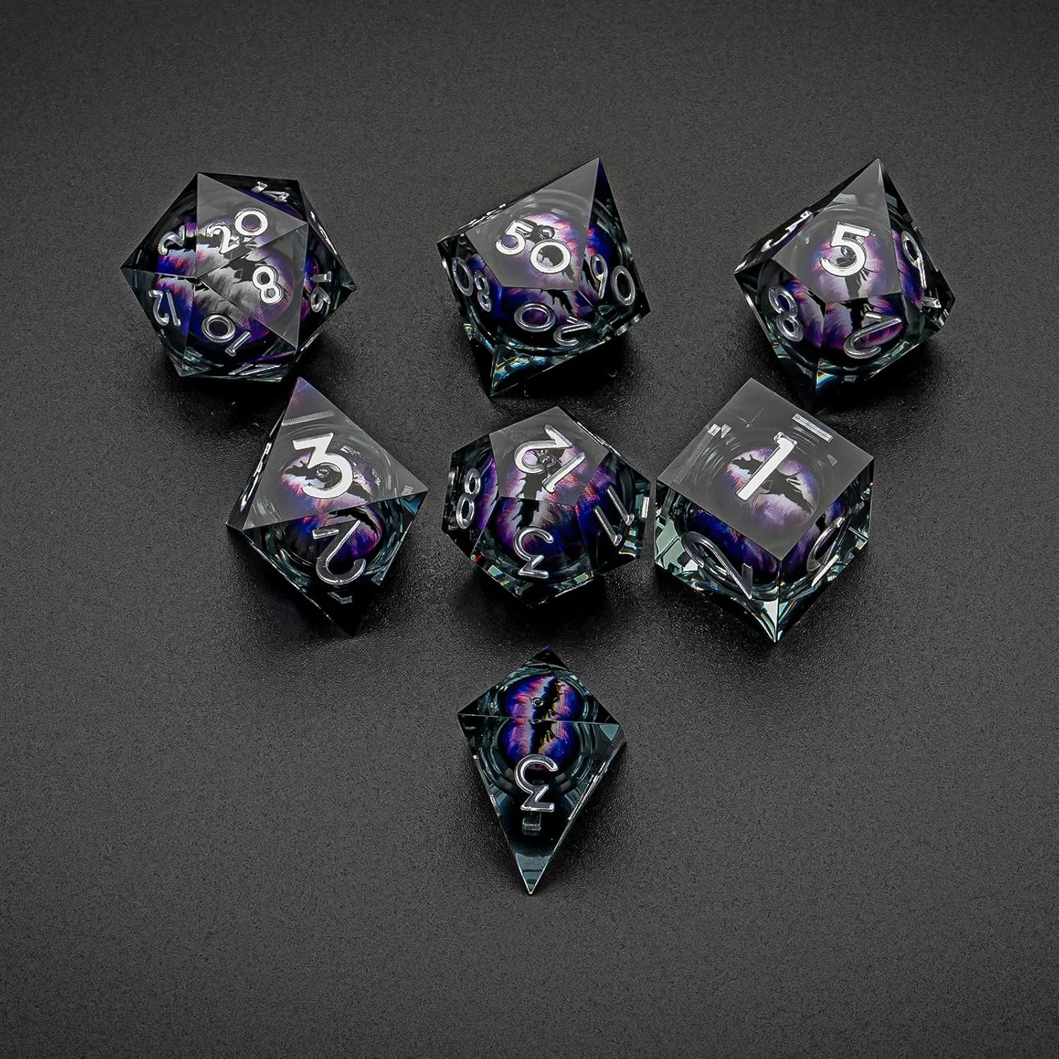 Dragon Eye Liquid Sharp Edge 7pcs DND dice Set with Gift Box d&d dice for Dungeons and Dragons MTG PRG Games (Black Purple)