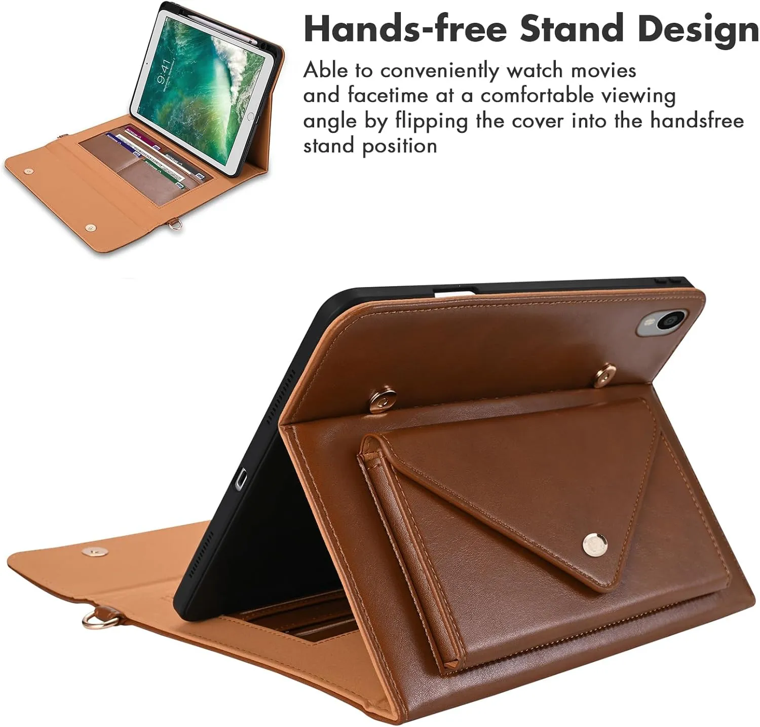 Dteck for iPad Air 3rd Generation/iPad Pro 10.5" Folio Case 2019/2017 with Shoulder Strap, Built-in Pencil Holder/Pockets/Card Cash Slots, Button Closure, PU Leather Shell Fold Stand Cover, 04 Brown