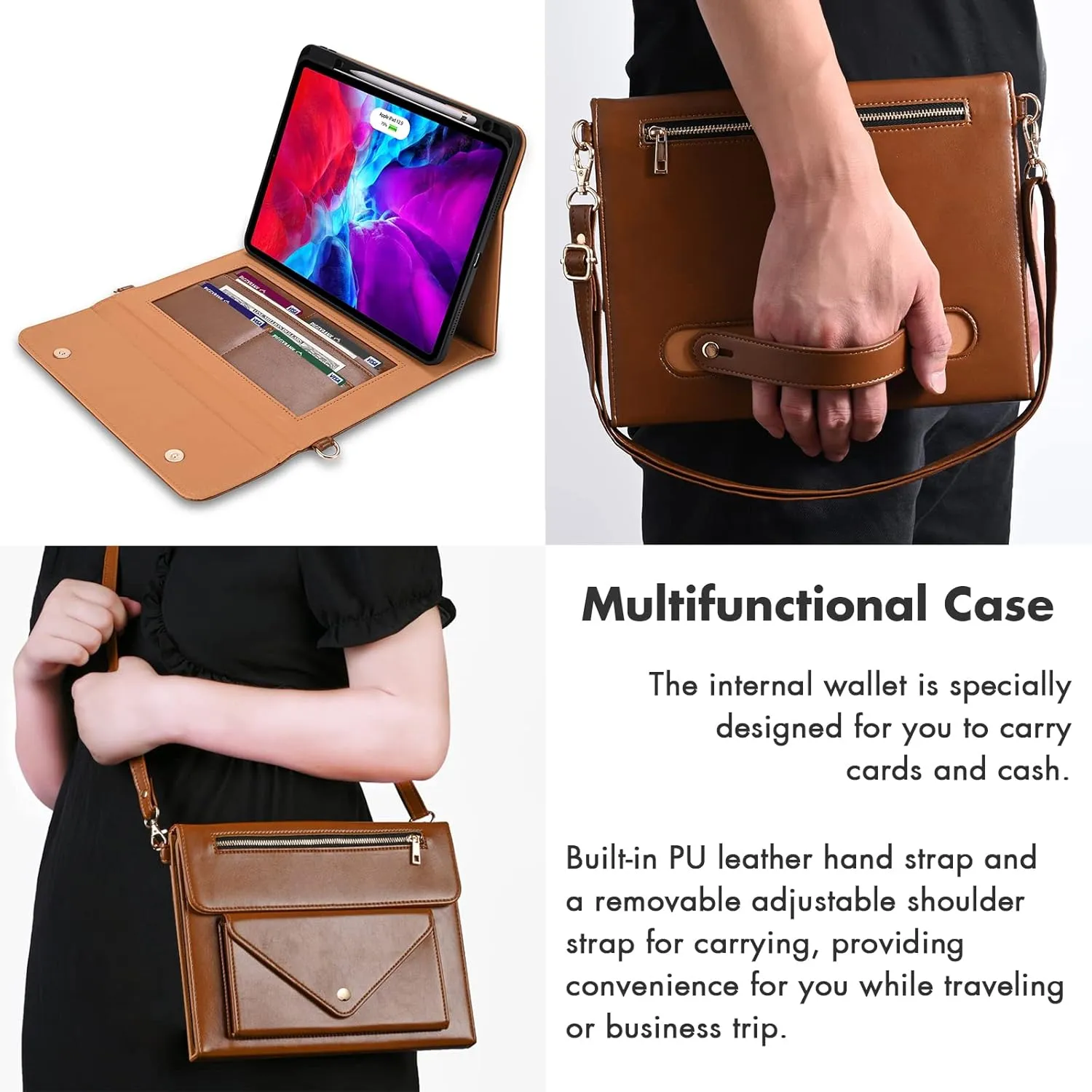 Dteck for iPad Air 3rd Generation/iPad Pro 10.5" Folio Case 2019/2017 with Shoulder Strap, Built-in Pencil Holder/Pockets/Card Cash Slots, Button Closure, PU Leather Shell Fold Stand Cover, 04 Brown