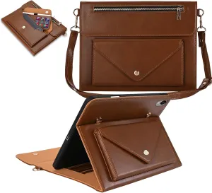 Dteck for iPad Air 3rd Generation/iPad Pro 10.5" Folio Case 2019/2017 with Shoulder Strap, Built-in Pencil Holder/Pockets/Card Cash Slots, Button Closure, PU Leather Shell Fold Stand Cover, 04 Brown