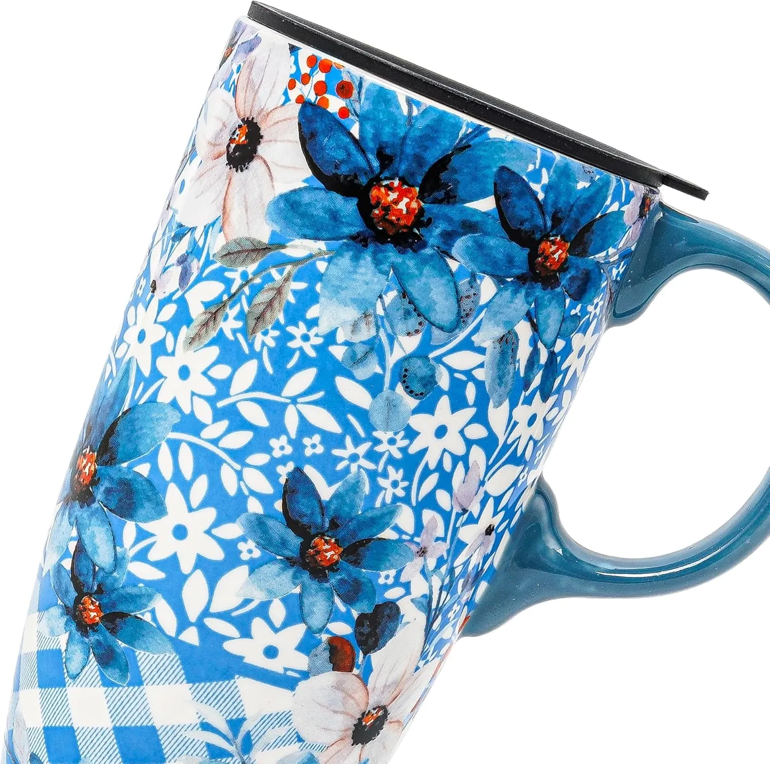 DUSVALLY Ceramic Coffee Cup Coffee Mug for Office and Home, Unique Painted with mug, Flower Mug,17oz.Large Cups,Blue,Gifts for Mom