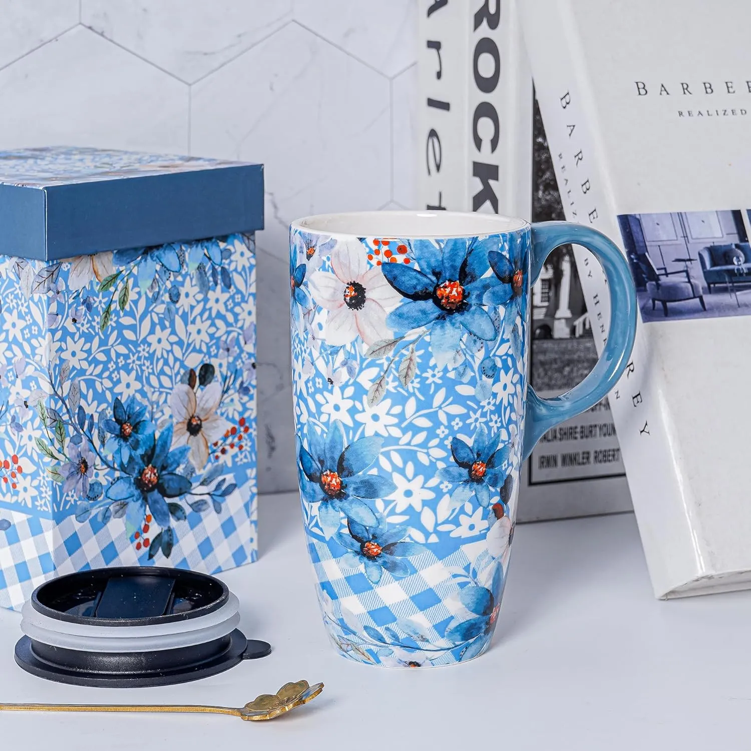 DUSVALLY Ceramic Coffee Cup Coffee Mug for Office and Home, Unique Painted with mug, Flower Mug,17oz.Large Cups,Blue,Gifts for Mom
