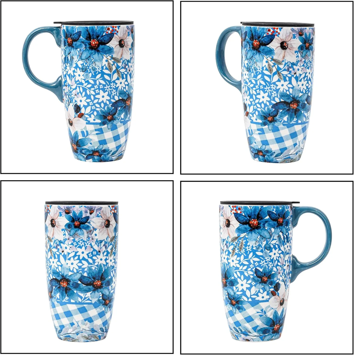 DUSVALLY Ceramic Coffee Cup Coffee Mug for Office and Home, Unique Painted with mug, Flower Mug,17oz.Large Cups,Blue,Gifts for Mom