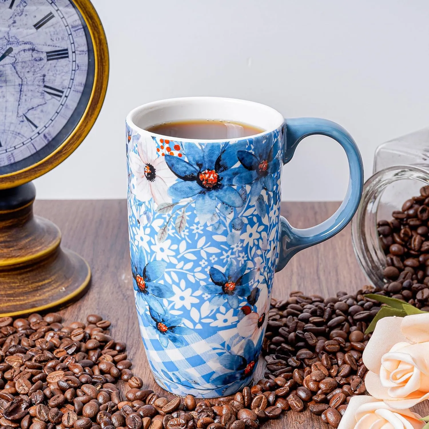 DUSVALLY Ceramic Coffee Cup Coffee Mug for Office and Home, Unique Painted with mug, Flower Mug,17oz.Large Cups,Blue,Gifts for Mom