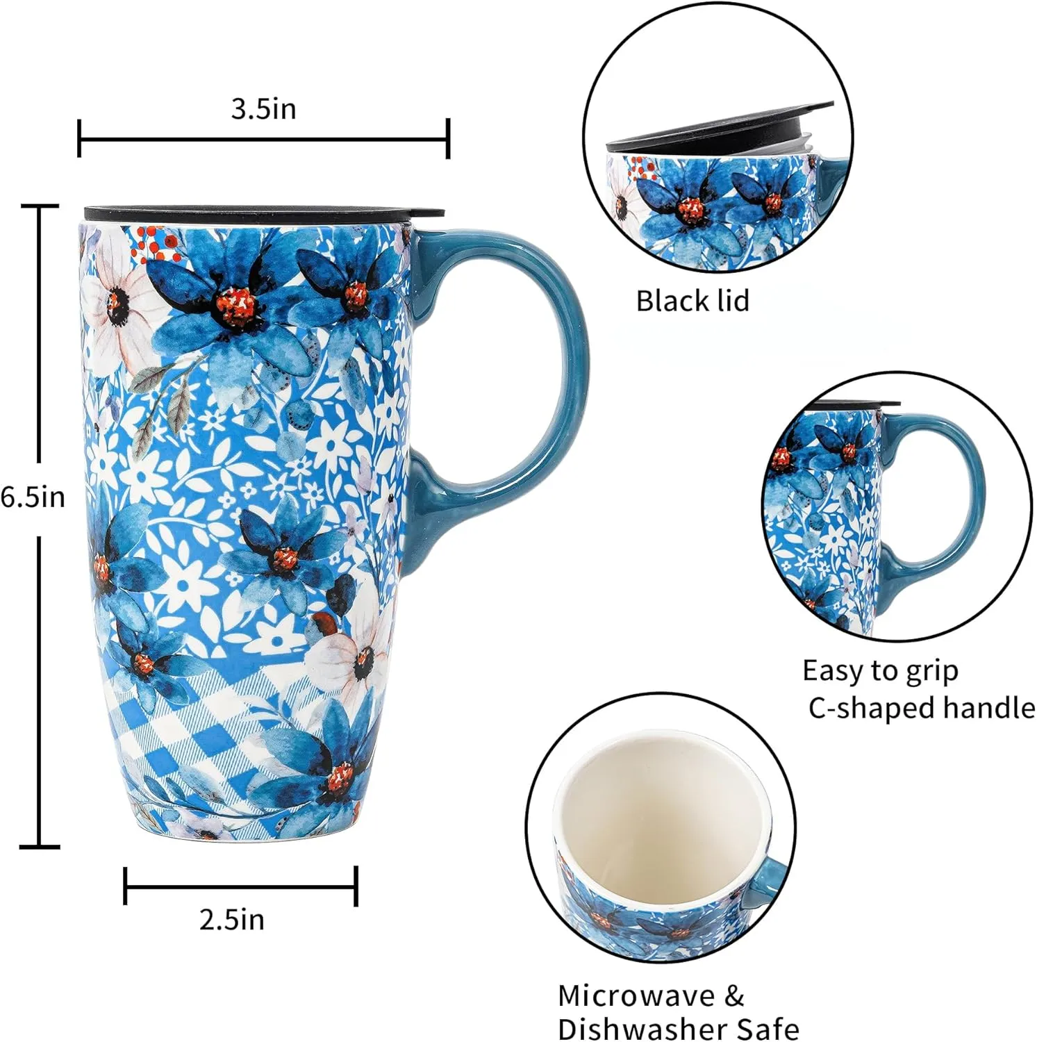 DUSVALLY Ceramic Coffee Cup Coffee Mug for Office and Home, Unique Painted with mug, Flower Mug,17oz.Large Cups,Blue,Gifts for Mom