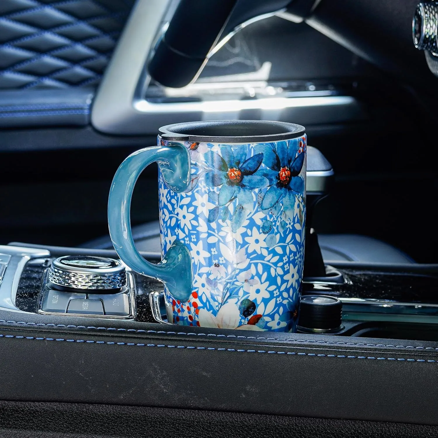 DUSVALLY Ceramic Coffee Cup Coffee Mug for Office and Home, Unique Painted with mug, Flower Mug,17oz.Large Cups,Blue,Gifts for Mom