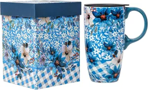 DUSVALLY Ceramic Coffee Cup Coffee Mug for Office and Home, Unique Painted with mug, Flower Mug,17oz.Large Cups,Blue,Gifts for Mom