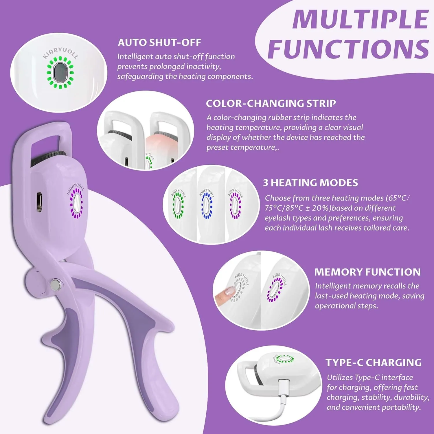 Electric Heated Eyelash Curler Kit Hot Lash Therapy Professional Eyelash Tools Battery Powered Lash Lifter Rechargeable Clamp for Various Eye Types Plastic Material (Colour Purple)