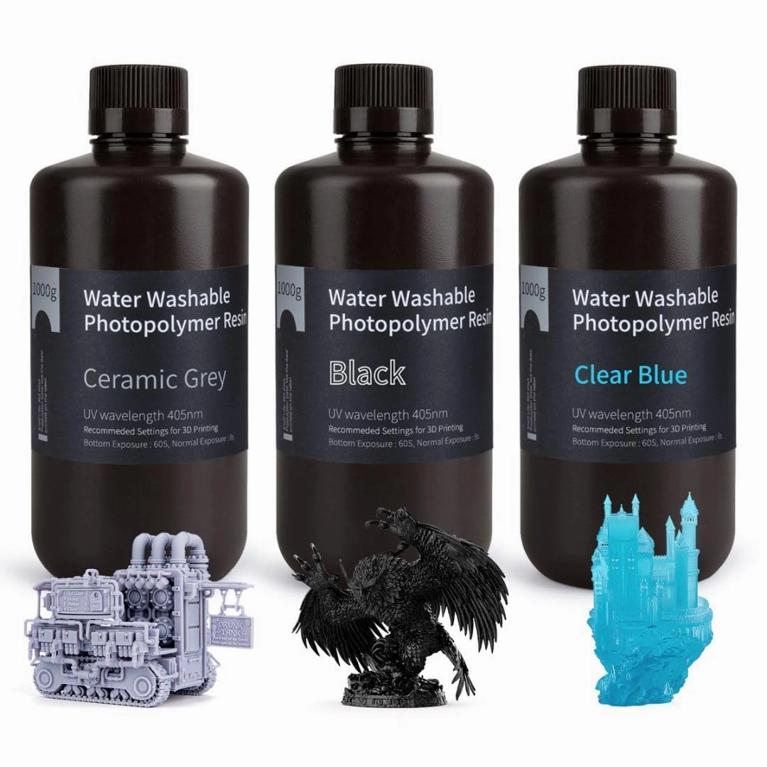 ELEGOO Water Washable 3D Printer Resin LCD UV-Curing Resin 405nm Standard Photopolymer Resin for Mars Saturn Jupiter MSLA DLP LCD 3D Printing, Grey   Black   Clear Blue (3KG)