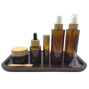 Empty Refillable Brown Glass Cosmetic Containers with Bamboo Cover - 5 Pack, Spray Bottle, Lotion Pump, Dropper, Roller Bottle, Cream Jar - Tray Included