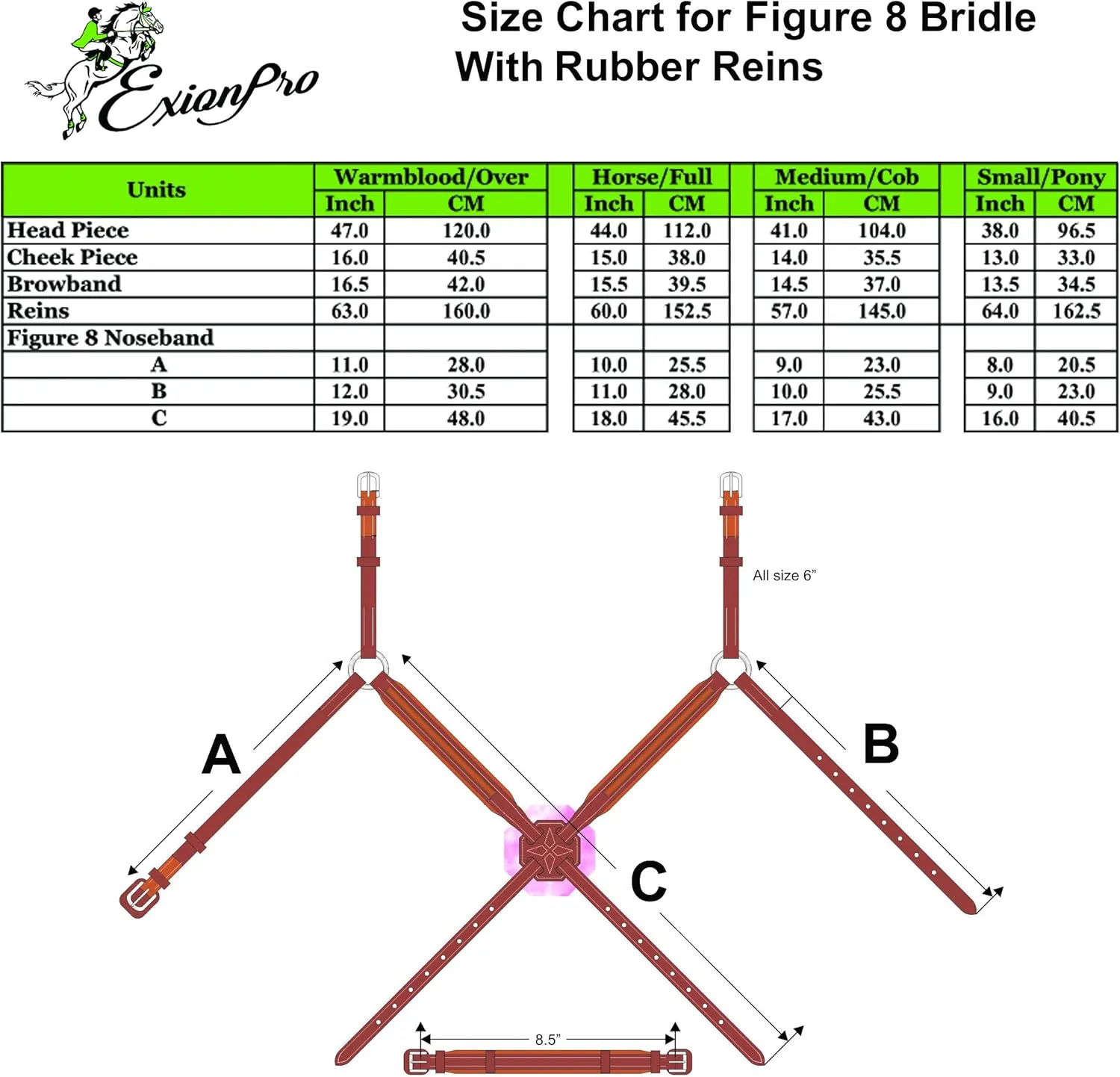 Exion Soft Lined with Blue Bling Figure 8 Bridle and Rubber Reins for Horses | English Figure 8 Blue Bridle