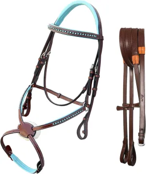 Exion Soft Lined with Blue Bling Figure 8 Bridle and Rubber Reins for Horses | English Figure 8 Blue Bridle