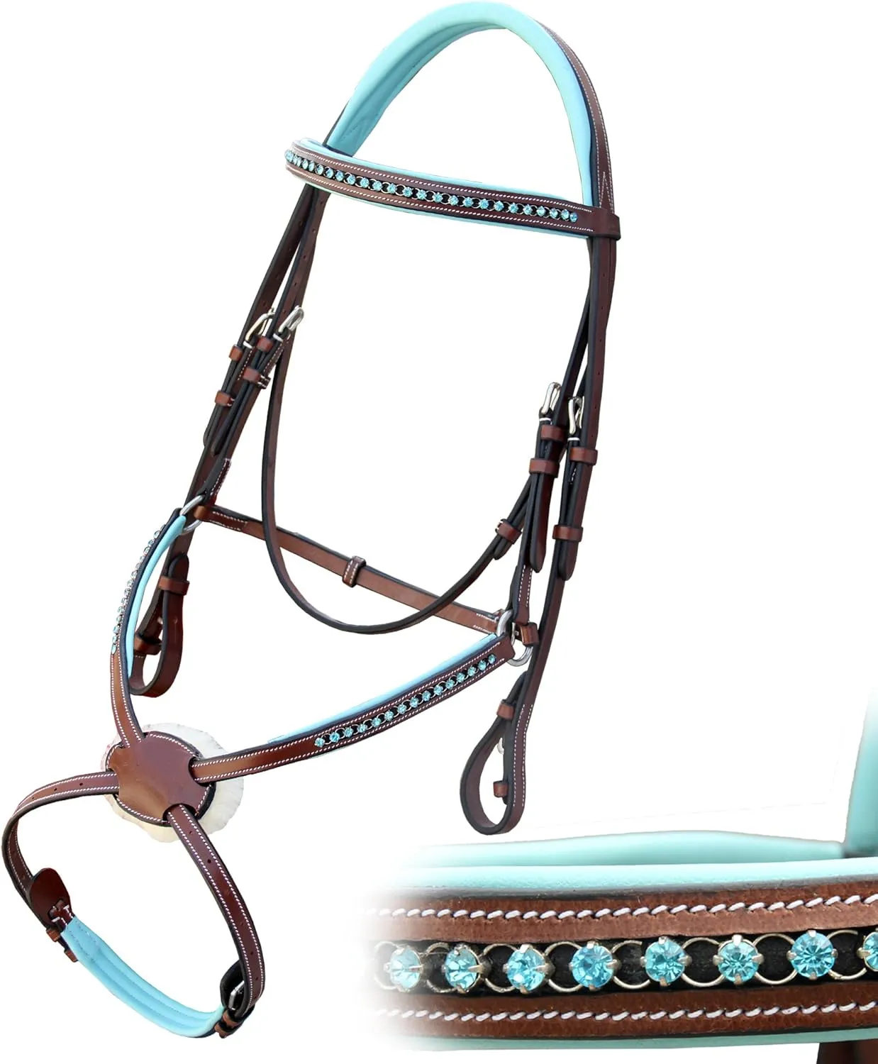 Exion Soft Lined with Blue Bling Figure 8 Bridle and Rubber Reins for Horses | English Figure 8 Blue Bridle