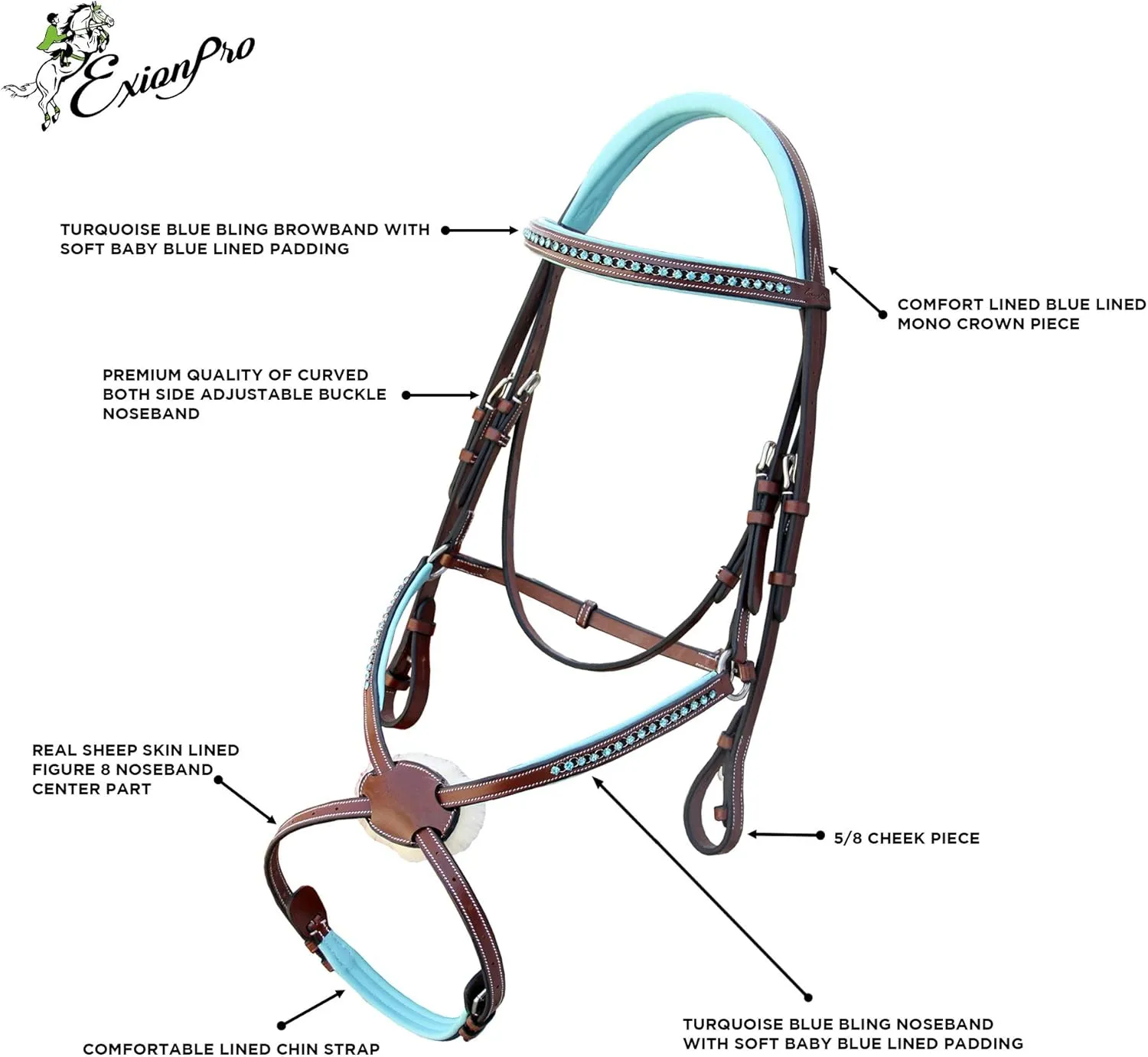 Exion Soft Lined with Blue Bling Figure 8 Bridle and Rubber Reins for Horses | English Figure 8 Blue Bridle
