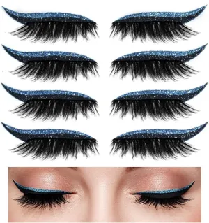 Eyeliner Sticker, 14 Pairs Eyeliner Sticker with Eyelashes False Eyelashes Waterproof Reusable Eyeliner Eyelash Stickers (Blue)