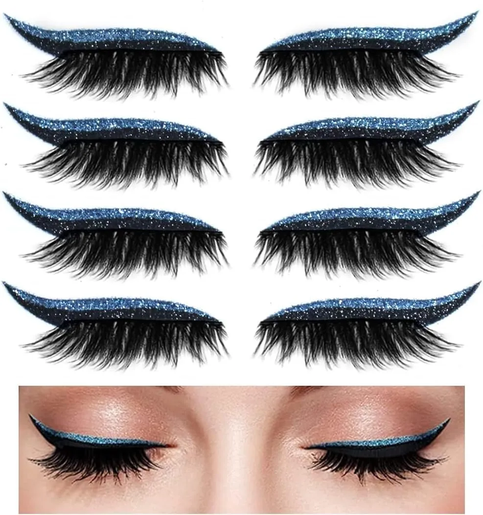 Eyeliner Sticker, 7 Pairs Eyeliner Sticker with Eyelashes False Eyelashes Waterproof Reusable Eyeliner Eyelash Stickers (Blue)