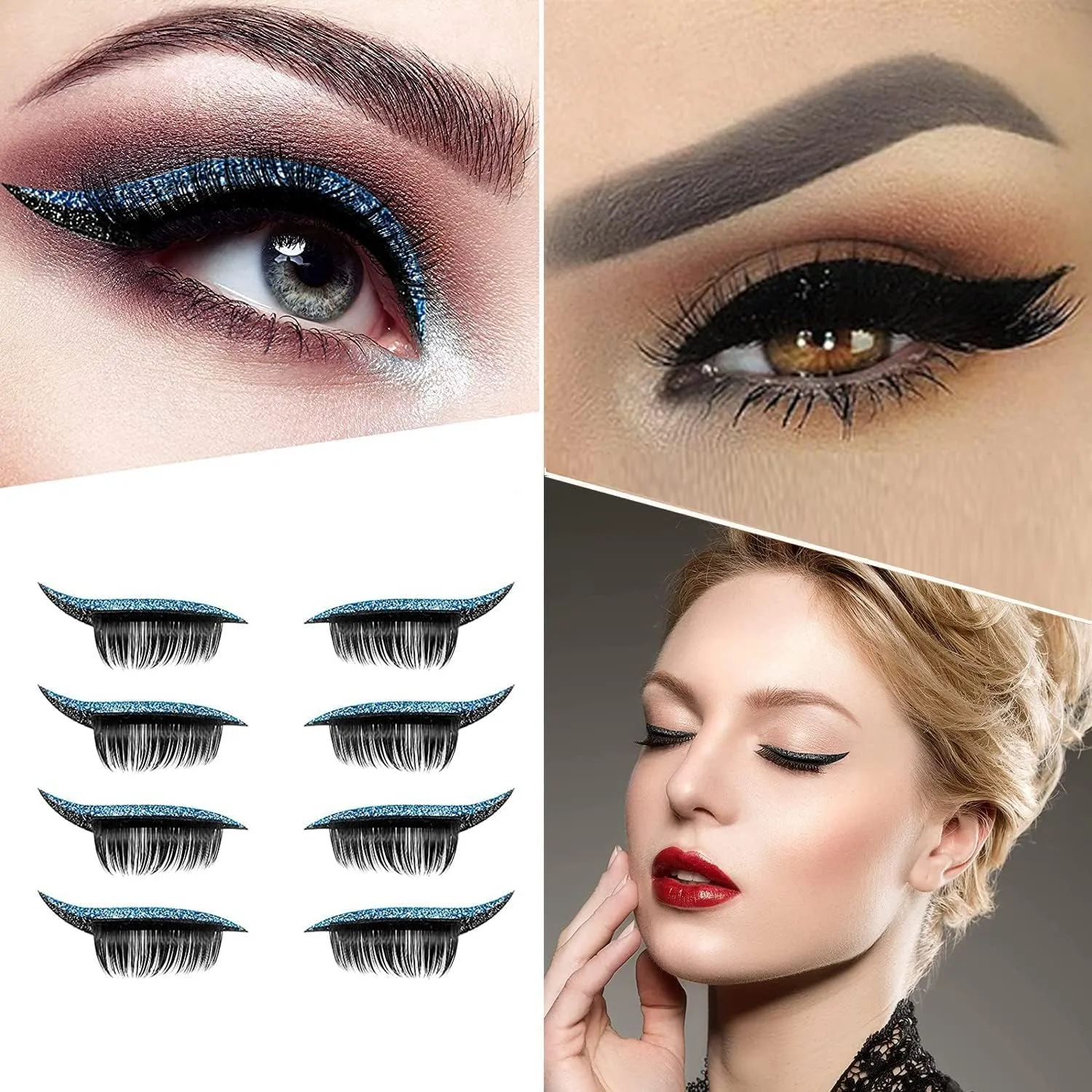 Eyeliner Sticker, 7 Pairs Eyeliner Sticker with Eyelashes False Eyelashes Waterproof Reusable Eyeliner Eyelash Stickers (Blue)