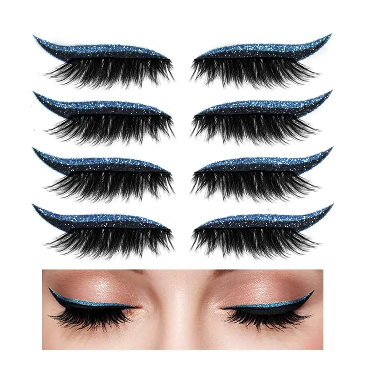 Eyeliner Sticker, Eyeliner Sticker with Eyelashes 14 Pairs Eyelash Stickers Reusable Eyelid and Eyelash Stickers Makeup Stickers Waterproof (Blue)