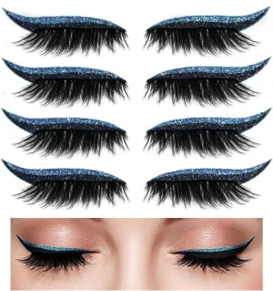 Eyeliner Sticker, Eyeliner Sticker with Eyelashes 4 Pairs Eyelash Stickers Reusable Eyelid And Eyelash Stickers Makeup Stickers Waterproof (Blue)
