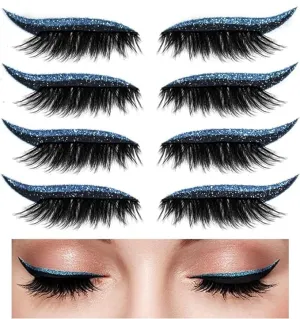 Eyeliner Sticker, Eyeliner Sticker with Eyelashes 8 Pairs Eyelash Stickers Reusable Eyelid and Eyelash Stickers Makeup (Blue)