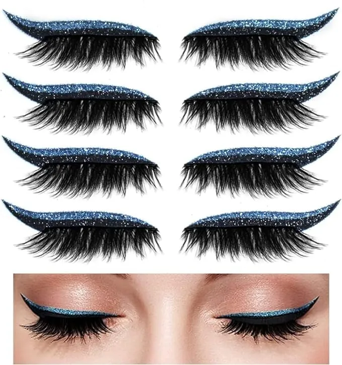Eyeliner Sticker, Eyeliner Sticker with Eyelashes 8 Pairs Eyelash Stickers Reusable Eyelid and Eyelash Stickers Makeup (Blue)