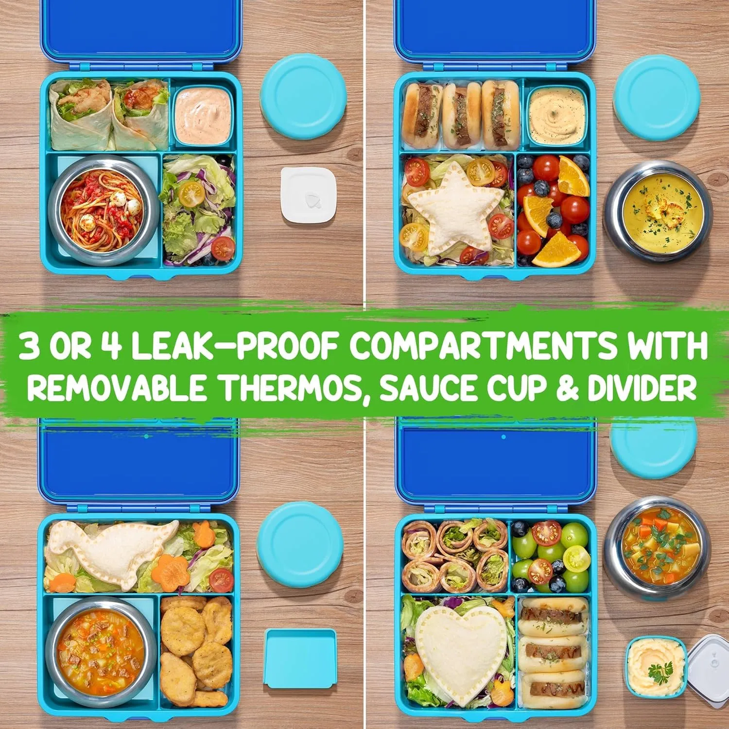 Fimibuke Bento Box for Kids with Thermos, 60OZ Bento Lunch Box Container with Leakproof 8OZ Insulated Food Jar, 3-4 Compartments, Sauce Jar, Utensils for Teens Toddler Adult, BPA-Free, Dishwasher Safe