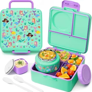 Fimibuke Bento Box for Kids with Thermos, 60OZ Bento Lunch Box Container with Leakproof 8OZ Insulated Food Jar, 3-4 Compartments, Sauce Jar, Utensils for Teens Toddler Adult, BPA-Free, Dishwasher Safe