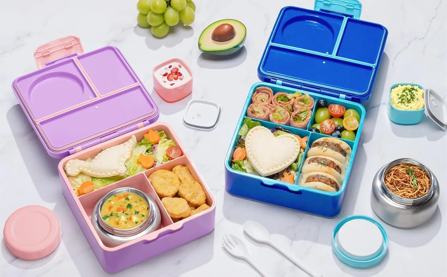 Fimibuke Bento Box for Kids with Thermos, 60OZ Bento Lunch Box Container with Leakproof 8OZ Insulated Food Jar, 3-4 Compartments, Sauce Jar, Utensils for Teens Toddler Adult, BPA-Free, Dishwasher Safe