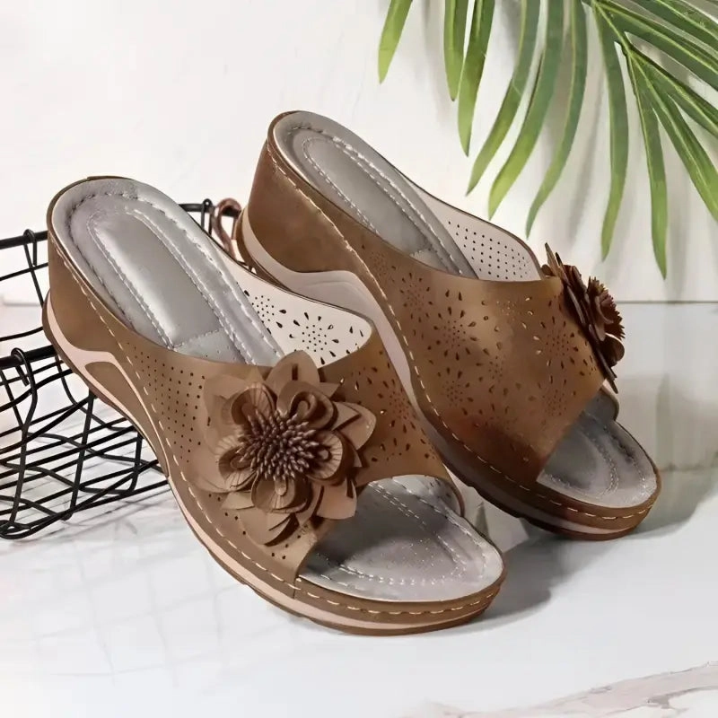 Flower Wedge Sandals with Cut-Out Embellishments