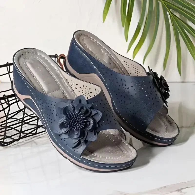 Flower Wedge Sandals with Cut-Out Embellishments