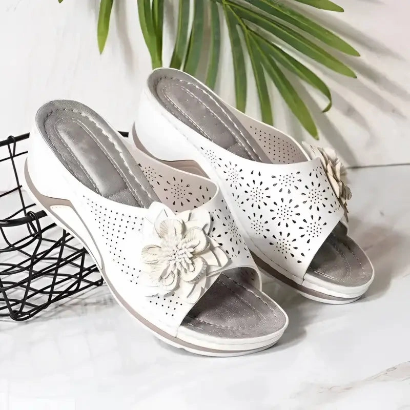 Flower Wedge Sandals with Cut-Out Embellishments