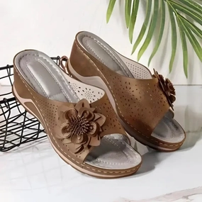 Flower Wedge Sandals with Cut-Out Embellishments