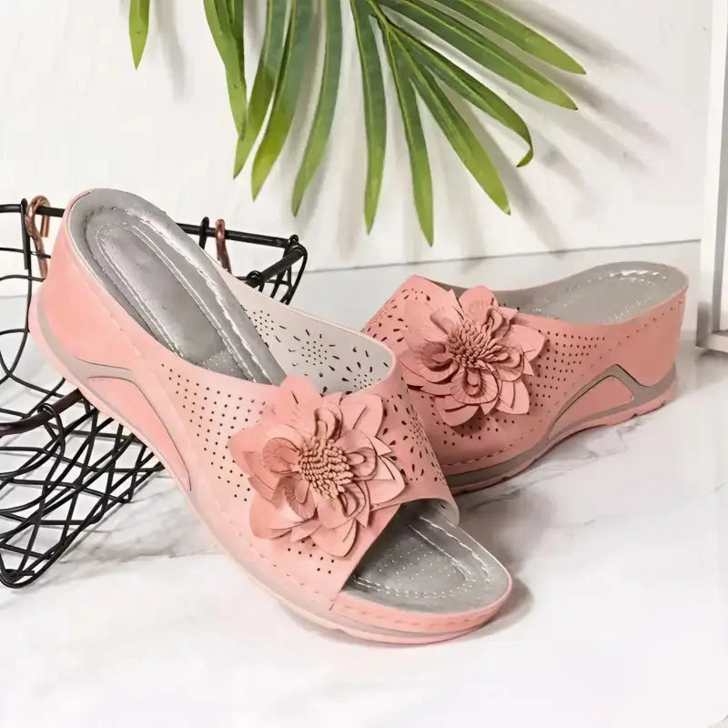 Flower Wedge Sandals with Cut-Out Embellishments