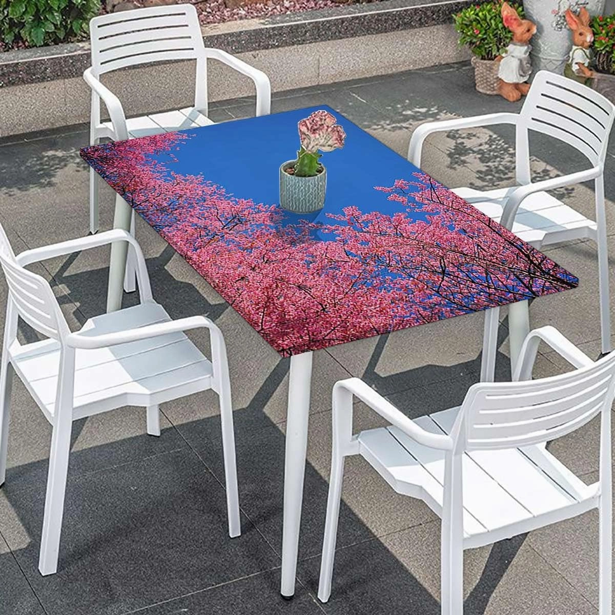 Fuchsia Blue Tablecloth Fitted Rectangle Clear Sky Sunny Day View Country Garden Elastic Edged Table Cover for Indoor Outdoor Patio Picnic Cherry Fits up 4 Foot Tables