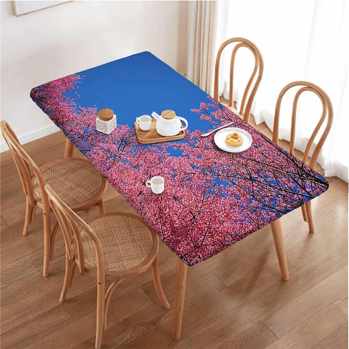 Fuchsia Blue Tablecloth Fitted Rectangle Clear Sky Sunny Day View Country Garden Elastic Edged Table Cover for Indoor Outdoor Patio Picnic Cherry Fits up 4 Foot Tables
