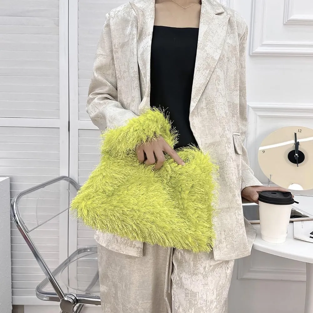 Fuzzy Tote Bag Y2K Fluffy Shoulder Bag Women Furry Purse Cute Plush Bag Ladies Faux Fur Tote Bag for Autumn Winter, Grass Green